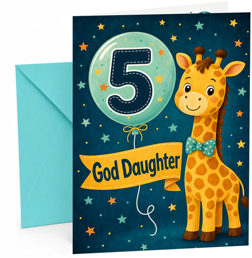 God Daughter 5th Birthday Card Giraffe and Number 5 Balloon