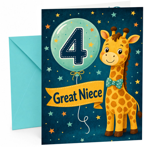 Great Niece 4th Birthday Card Giraffe and Number 4 Balloon