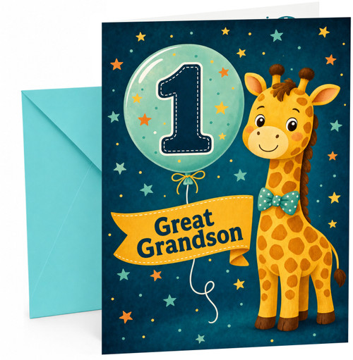 Great Grandson 1st Birthday Card Giraffe and Number 1 Balloon