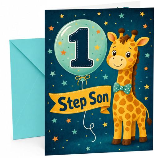 Step Son 1st Birthday Card Giraffe and Number 1 Balloon