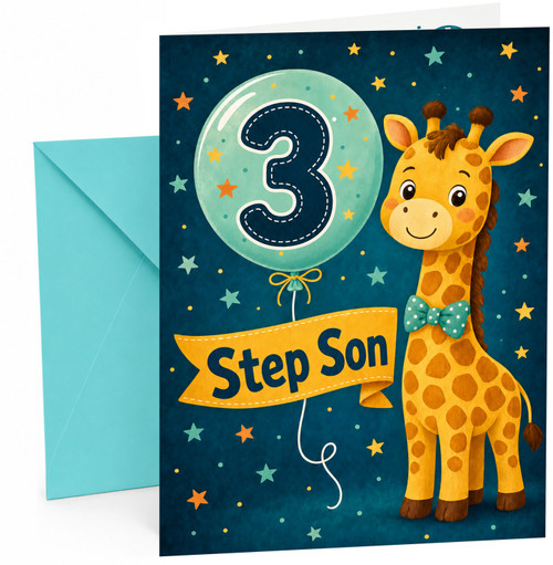 Step Son 3rd Birthday Card Giraffe with Number 3 Balloon