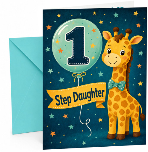 Step Daughter 1st Birthday Card Giraffe and Number 1 Balloon
