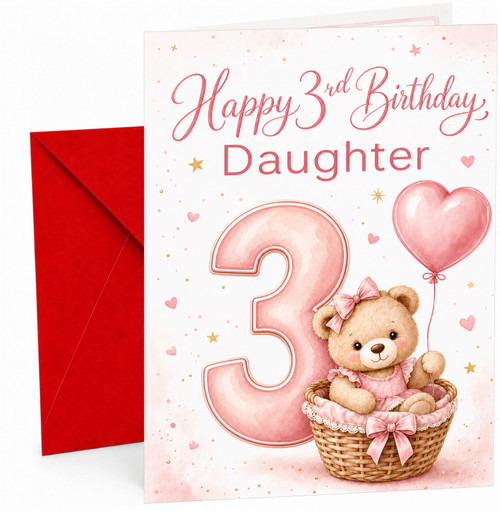 Daughter 3rd Birthday Card Teddy in Basket with Heart Balloon
