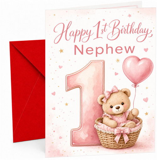 Nephew 1st Birthday Card Teddy in Basket and Heart Balloon