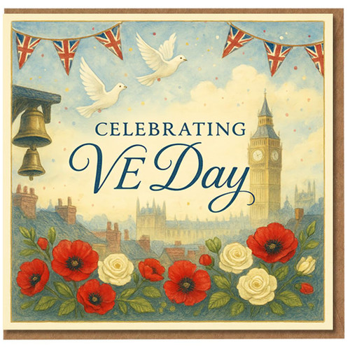 VE Day Celebration Greeting Card - Union Jack Bunting, Doves, Bells, Poppies and London Skyline - Celebrating VE Day Commemoration Card