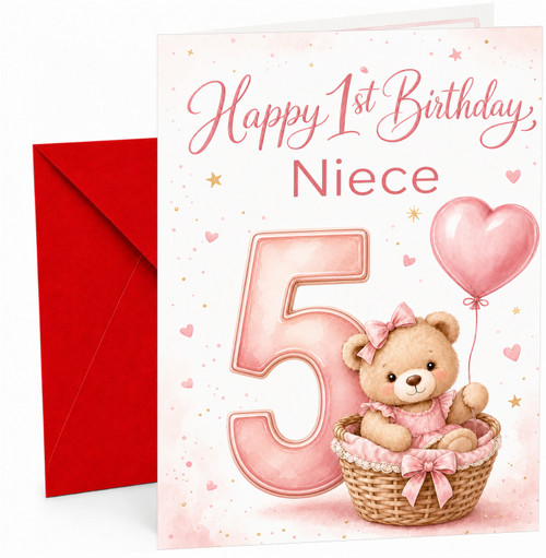 Niece 5th Birthday Card Teddy in Basket & Heart Balloon