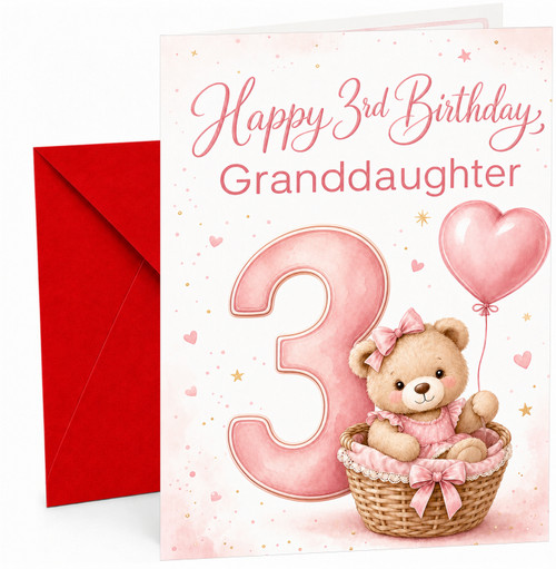 Granddaughter 3rd Birthday Card Teddy in Basket & Heart Balloon