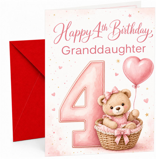 Granddaughter 4th Birthday Card Teddy in Basket Heart Balloon