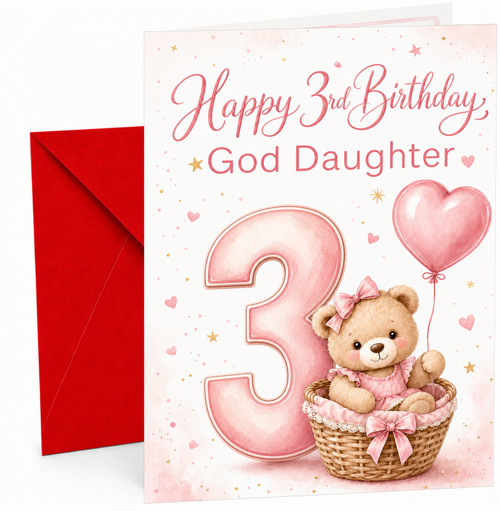 God Daughter 3rd Birthday Card Teddy in Basket & Heart Balloon