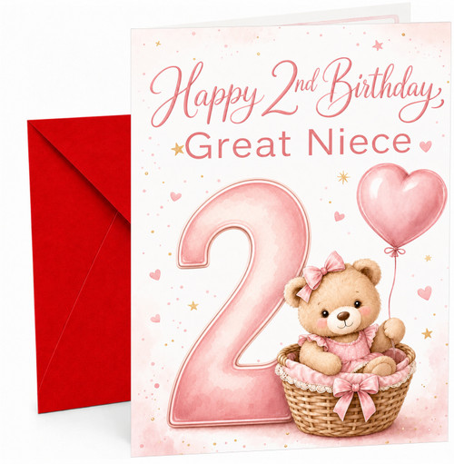 Great Niece 2nd Birthday Card Teddy in Basket Heart Balloon
