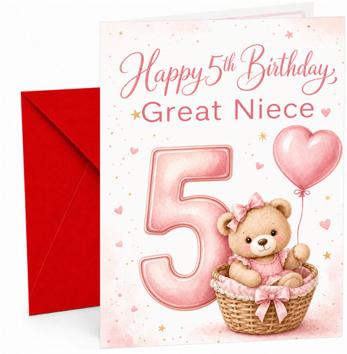 Great Niece 5th Birthday Card Pink Teddy in Basket & Heart