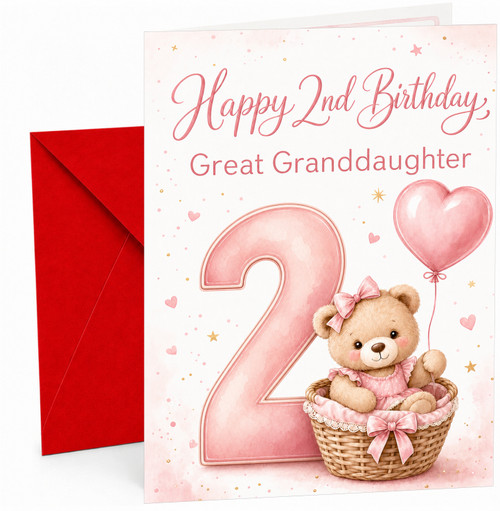 Great Granddaughter 2nd Birthday Card Teddy Basket Heart