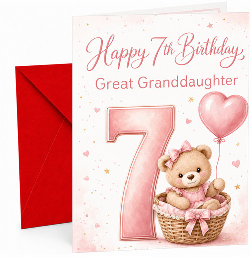 Great Granddaughter 7th Birthday Card Teddy Basket Heart