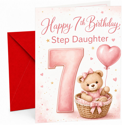Step Daughter 7th Birthday Card Teddy in Basket & Heart Balloon