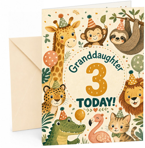 Granddaughter 3rd Birthday Card Safari Animals Party Hats