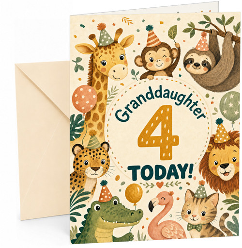 Granddaughter 4th Birthday Card Jungle Animals Party Hats