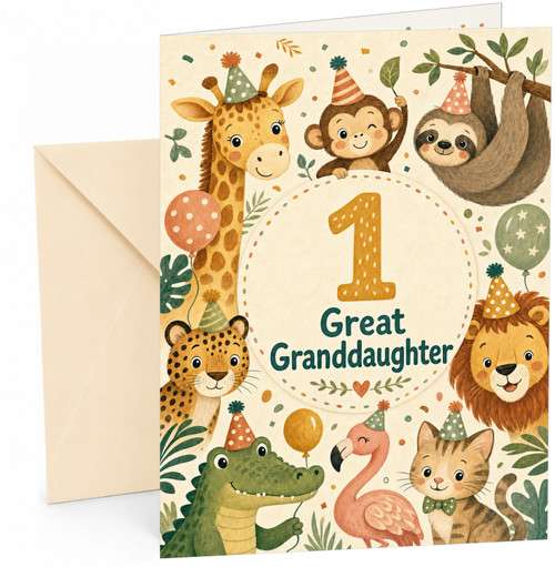 Great Granddaughter 1st Birthday Card Safari Animals Party Hats