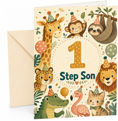 Step Son 1st Birthday Card Safari Animals Party Hats