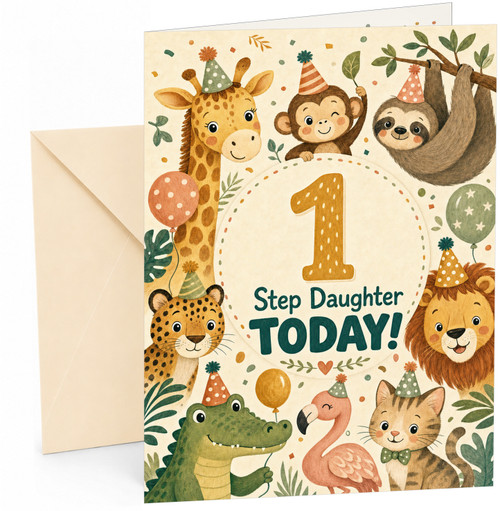 Step Daughter 1st Birthday Card Safari Animals Party Hats