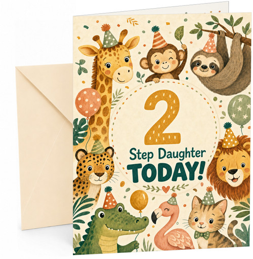 Step Daughter 2nd Birthday Card Safari Animals Party Hats