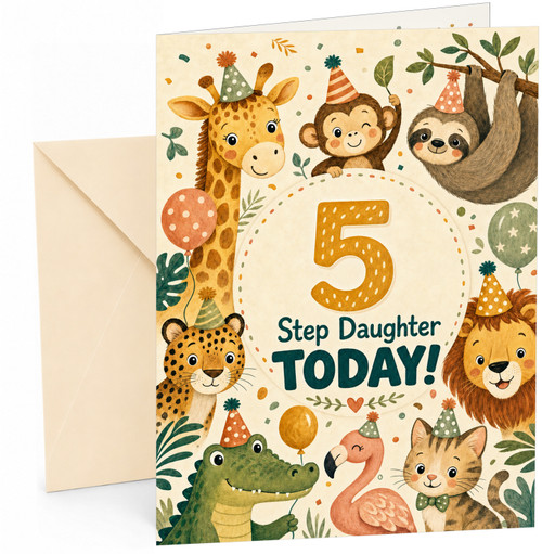 Step Daughter 5th Birthday Card Jungle Animals Party Hats