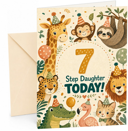Step Daughter Age 7 Birthday Card Safari Animals Party Hats