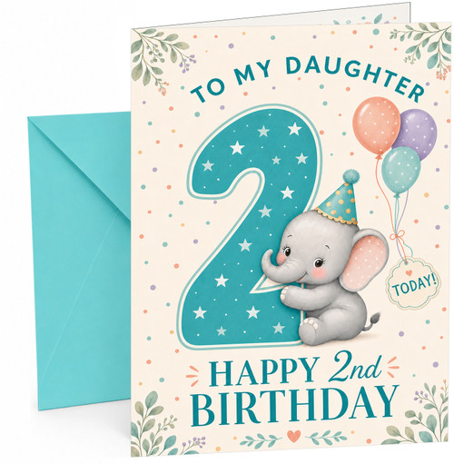 Daughter 2nd Birthday Card Cute Elephant & Balloons Number 2