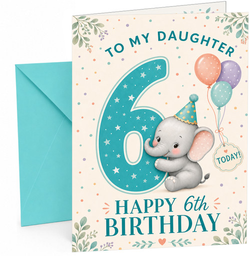 Daughter 6th Birthday Card Cute Elephant & Big Number 6
