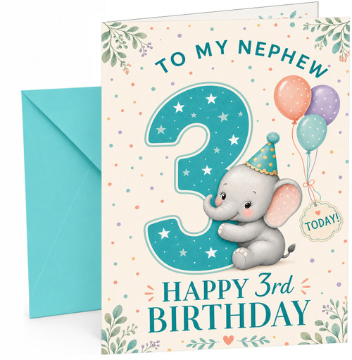Nephew 3rd Birthday Card Cute Elephant with Balloons