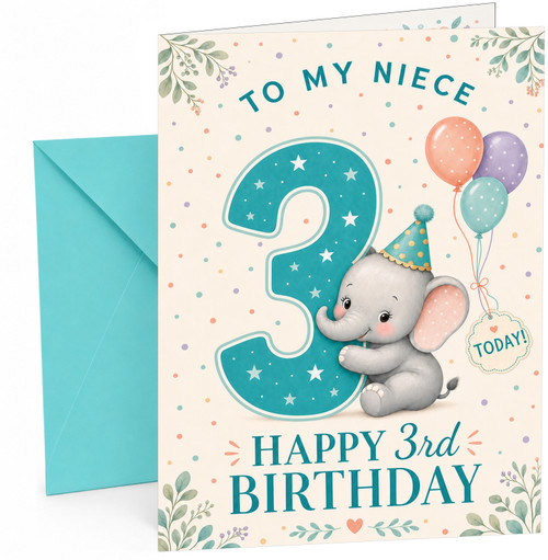 Niece 3rd Birthday Card Cute Elephant with Big Number 3
