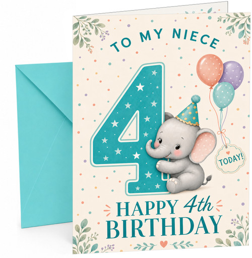 Niece 4th Birthday Card Cute Elephant with Balloons & Big 4