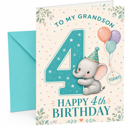 Grandson 4th Birthday Card Cute Elephant with Big Number 4