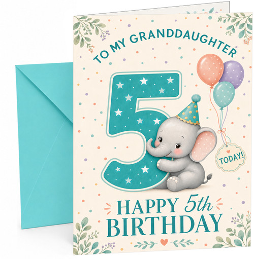 Granddaughter 5th Birthday Card Elephant with Big 5 & Balloons