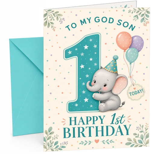 God Son 1st Birthday Card Elephant & Big Starry Number 1