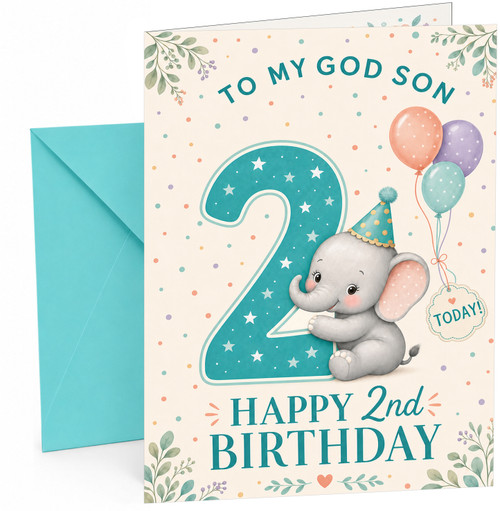 God Son 2nd Birthday Card Elephant with Big Number 2 & Balloons