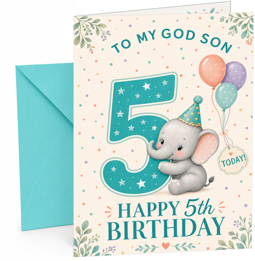 God Son 5th Birthday Card Elephant with Big Number 5 & Balloons