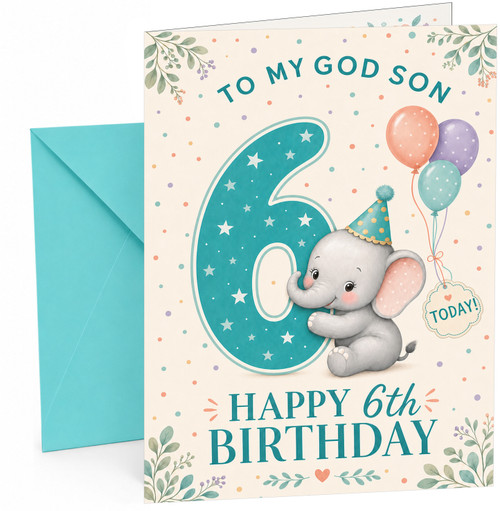 God Son 6th Birthday Card Cute Elephant with Big Starry 6