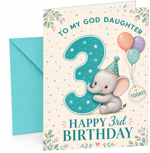 God Daughter 3rd Birthday Card Elephant Holding Number 3