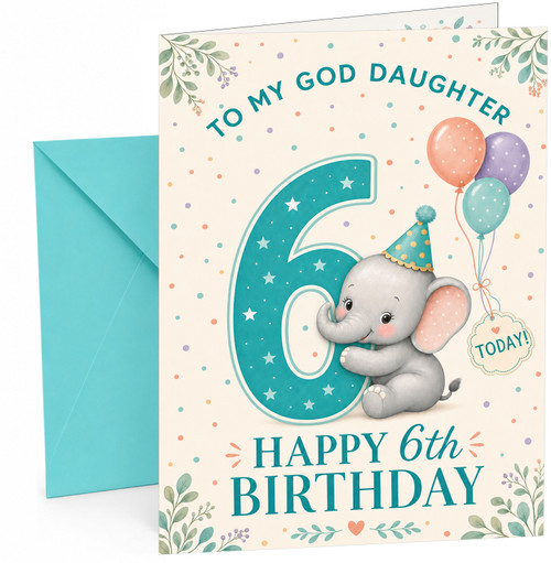 God Daughter 6th Birthday Card Cute Elephant & Big Number 6
