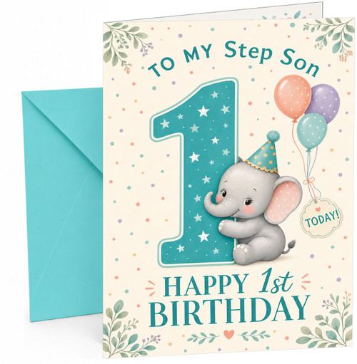 Step Son 1st Birthday Card Elephant with Big Starry Number 1