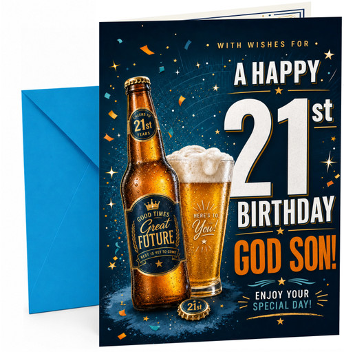 God Son 21st Birthday Card Beer Bottle and Pint Confetti