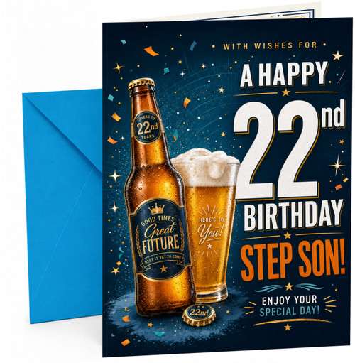 Step Son 22nd Birthday Card Beer Bottle and Pint Confetti