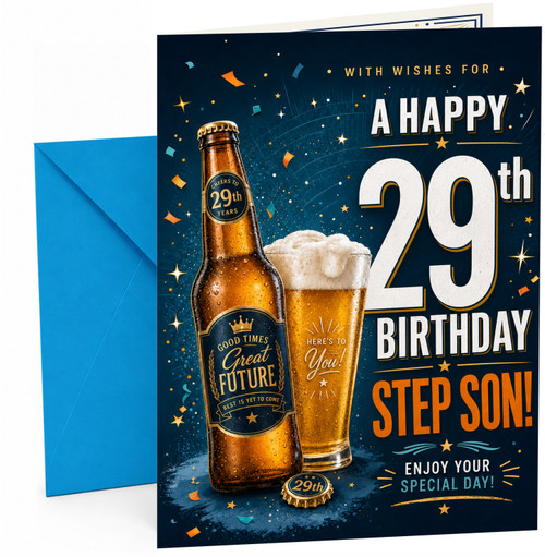 Step Son 29th Birthday Card Beer Bottle & Pint Confetti