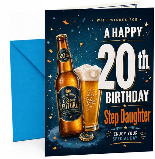 Step Daughter 20th Birthday Card Beer Bottle & Pint Confetti