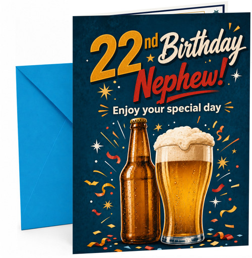 Nephew 22nd Birthday Card Beer Bottle and Pint Confetti