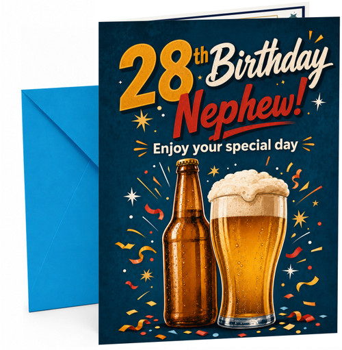 Nephew 28th Birthday Card Beer Bottle & Pint Confetti