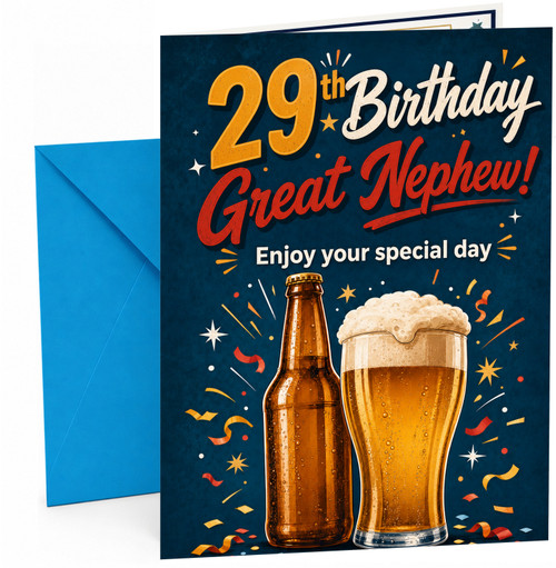 Great Nephew 29th Birthday Card Beer Bottle & Pint Confetti