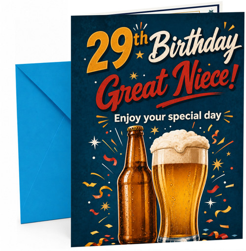Great Niece 29th Birthday Card Beer Bottle and Pint Confetti