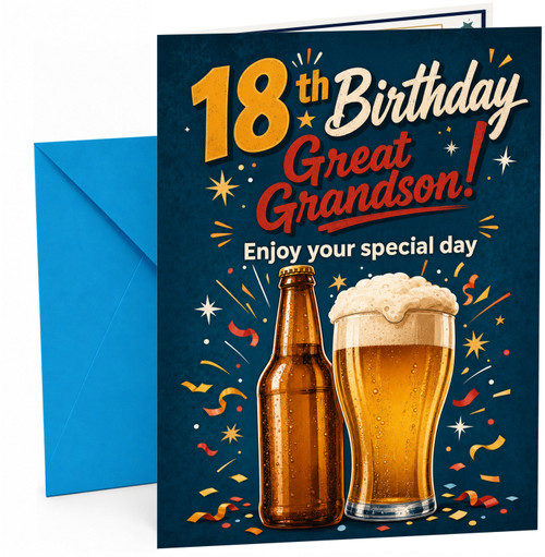 Great Grandson 18th Birthday Card Beer Bottle and Pint Confetti