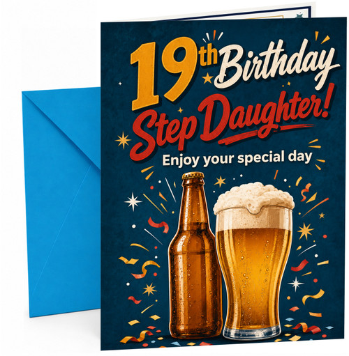 Step Daughter 19th Birthday Card Beer Bottle and Pint Fireworks